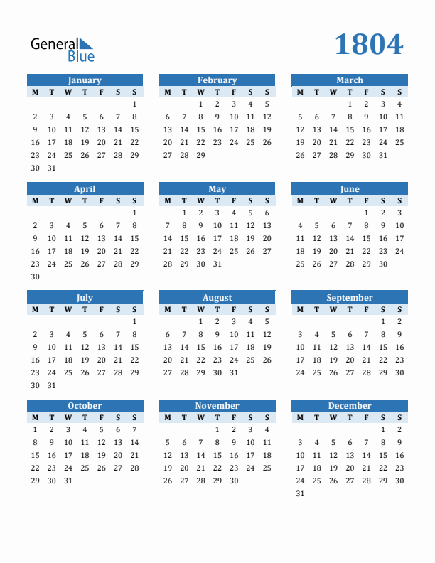 1804 Year Calendar with Monday Start