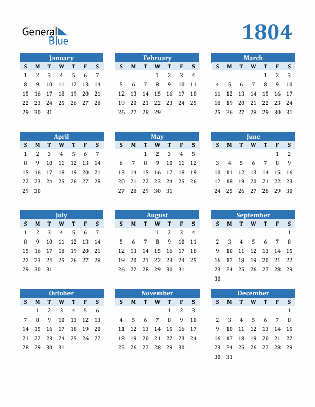 1804 Year Calendar with Sunday Start