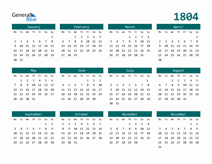 Downloadable 1804 Calendar