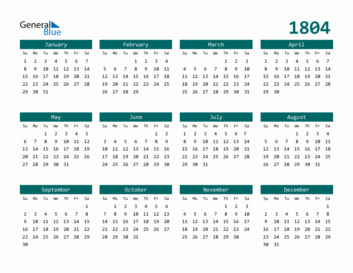 1804 Full-Year Calendar