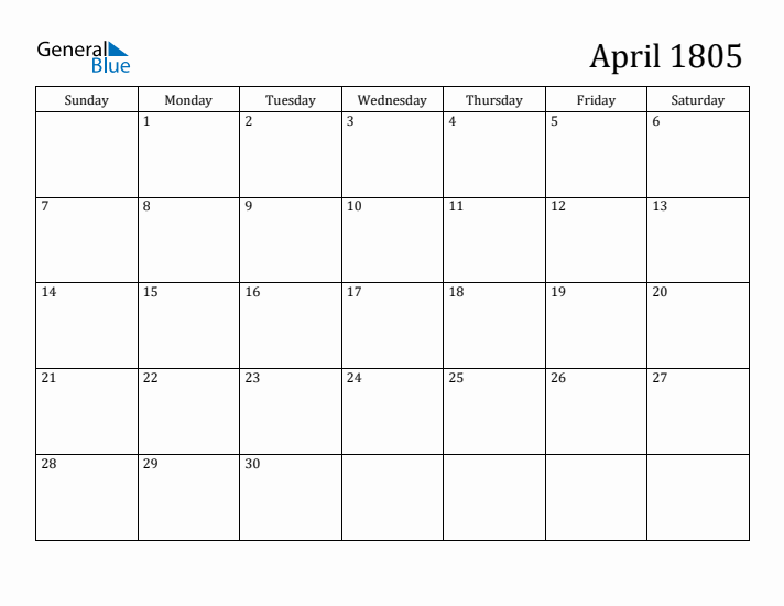 April 1805 Calendar