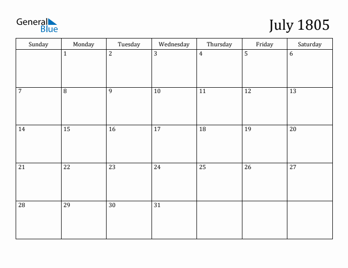 July 1805 Calendar