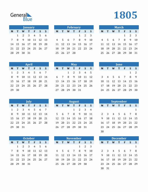 1805 Year Calendar with Monday Start