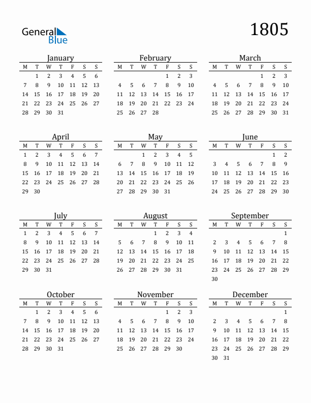 Free Printable Calendar 1805 with Monday Start