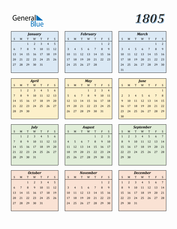 Calendar for 1805 (Sunday Start)
