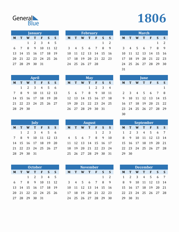 1806 Year Calendar with Monday Start