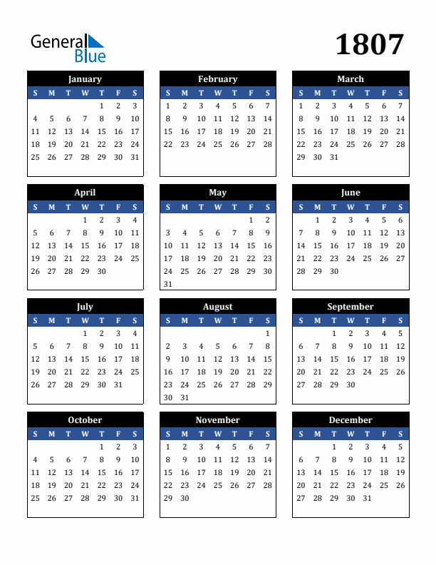 Editable Calendar 1807 - Sunday Start