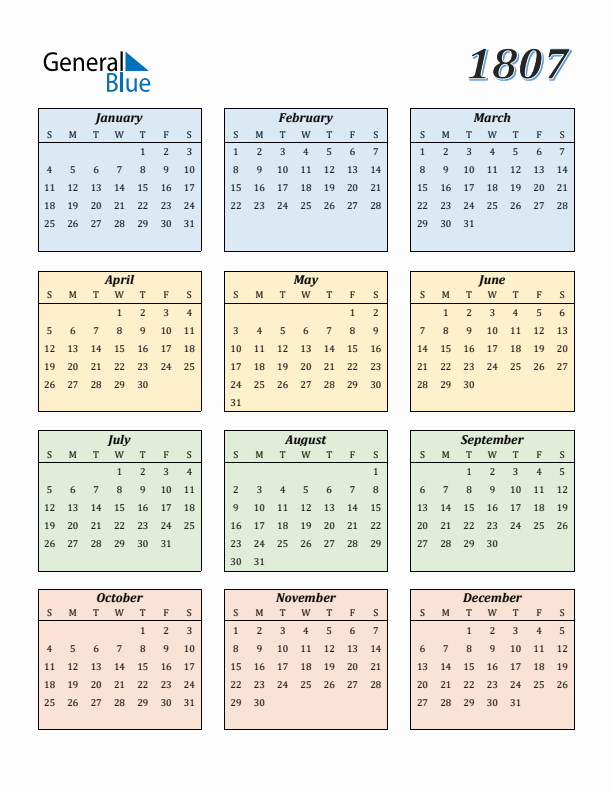 Calendar for 1807 (Sunday Start)