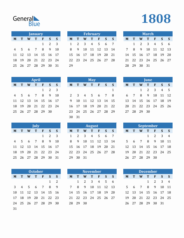 1808 Year Calendar with Monday Start