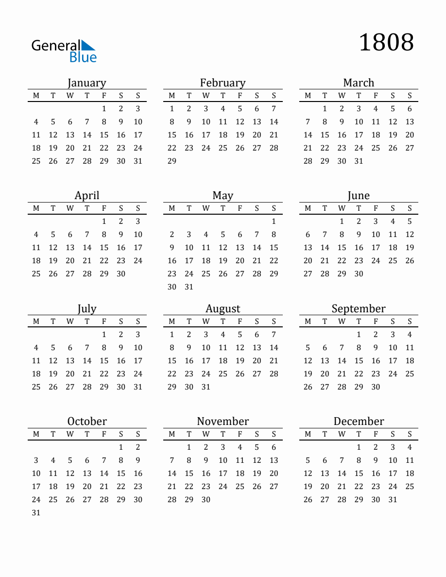 Year 1808 Free Printable 12-Month Calendar