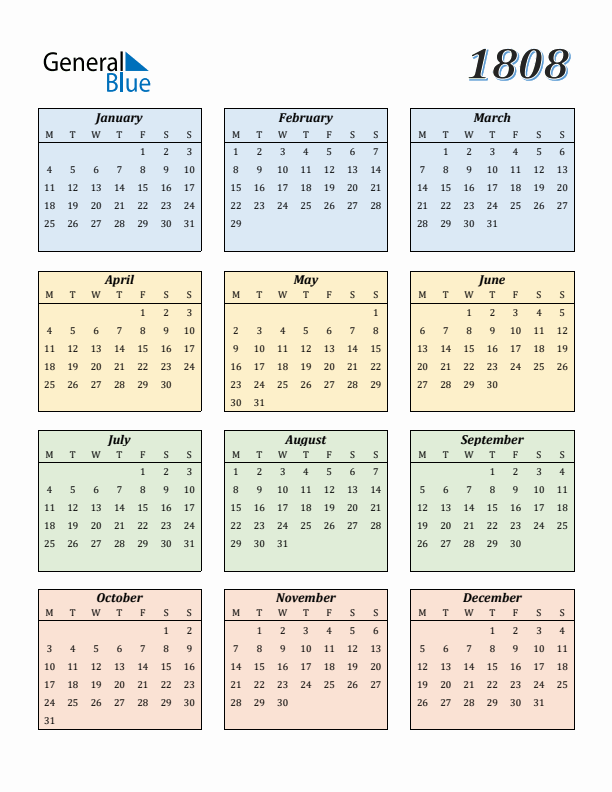 Calendar for 1808 (Monday Start)