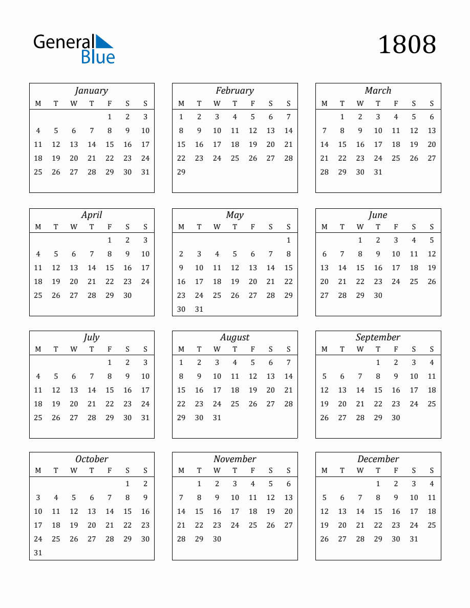 1808 Blank Yearly Calendar Printable