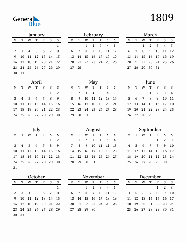 Free Printable Calendar 1809 with Monday Start
