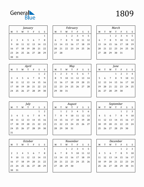 Blank Calendar 1809