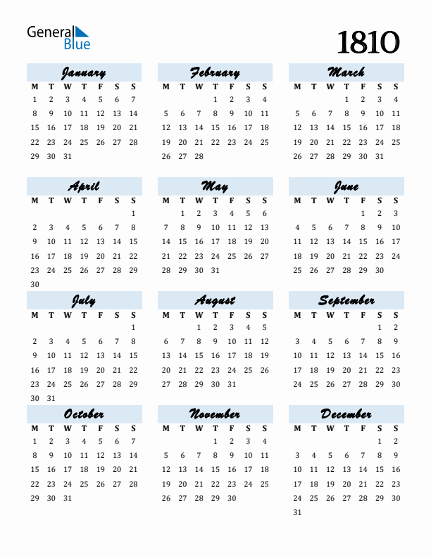 Calendar 1810 Free Download and Print