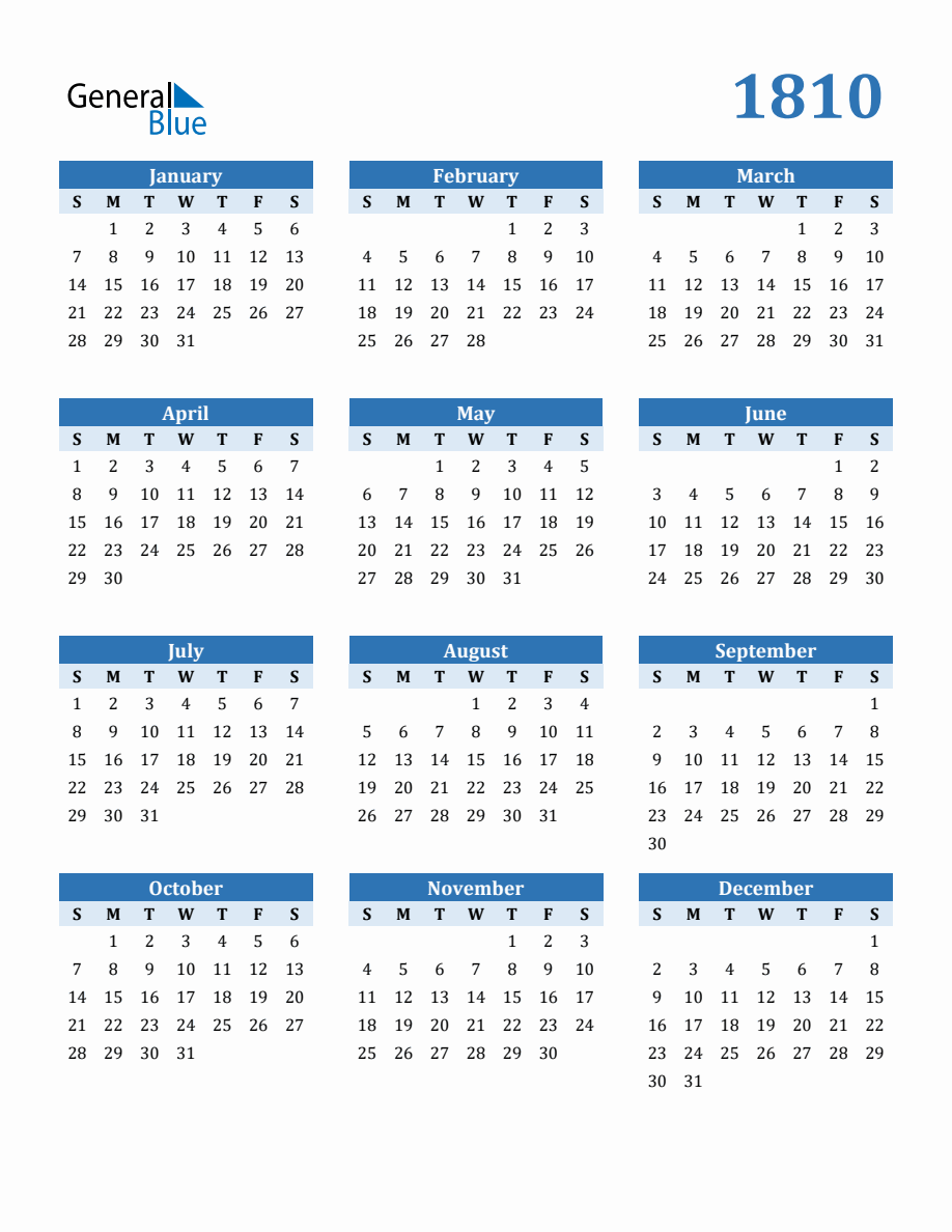 Free 1810 Year Calendar in PDF, Word, and Excel