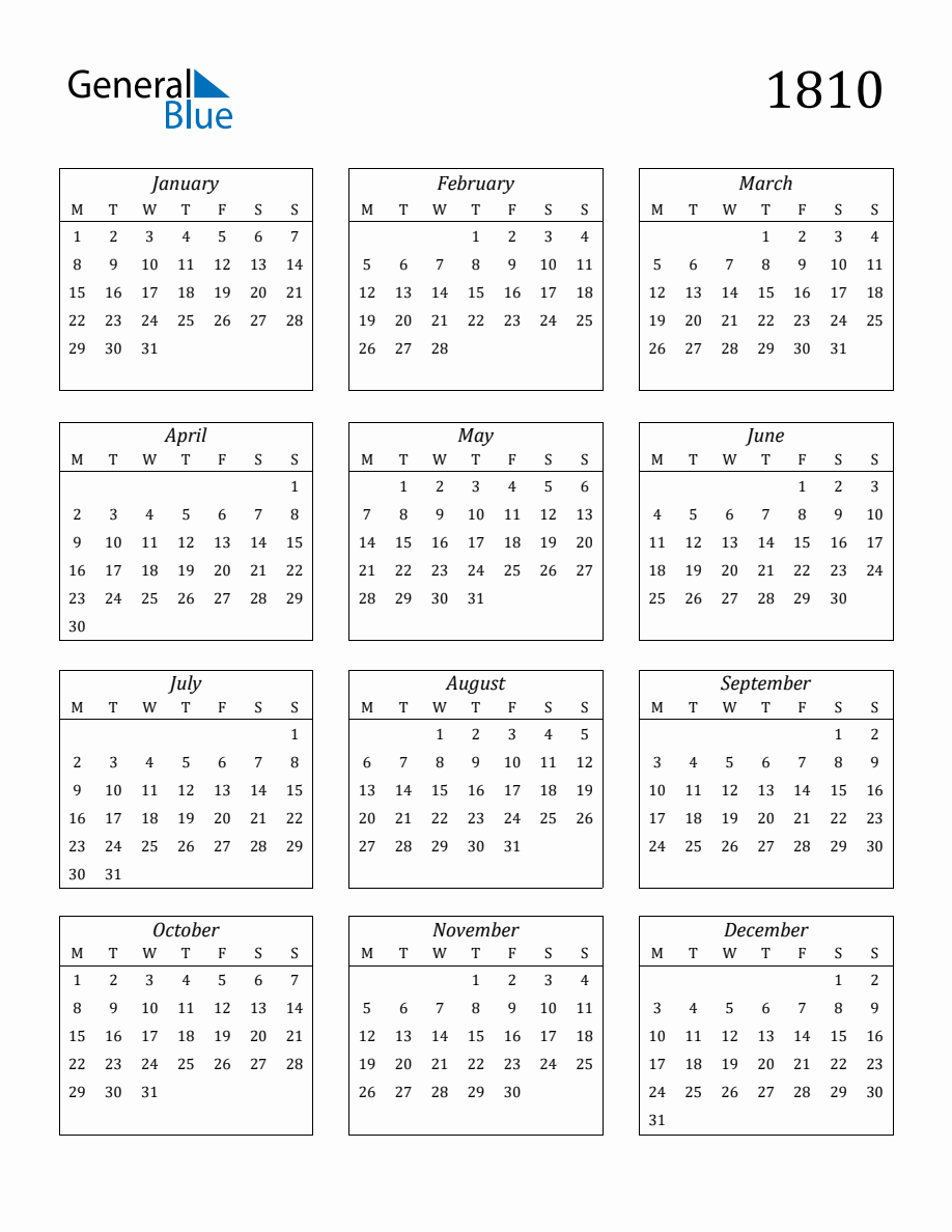 1810 Blank Yearly Calendar Printable