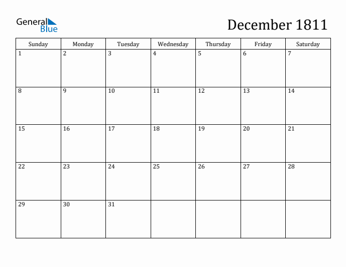 December 1811 Calendar