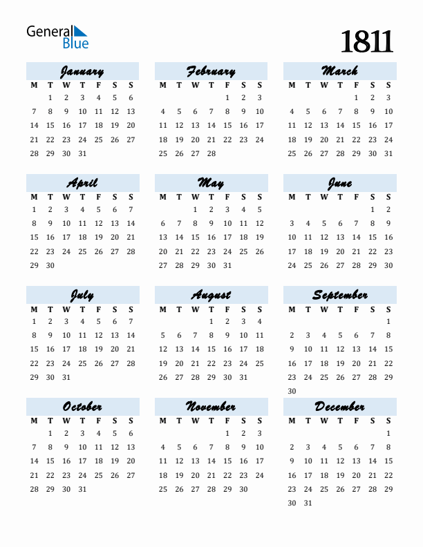 Calendar 1811 Free Download and Print