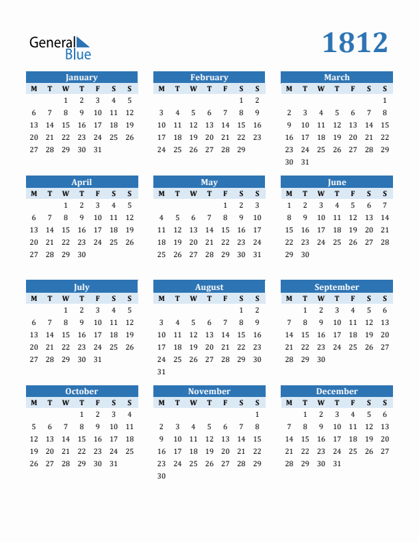 1812 Year Calendar with Monday Start