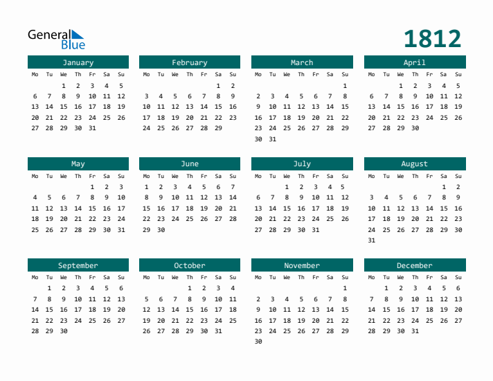 Downloadable 1812 Calendar