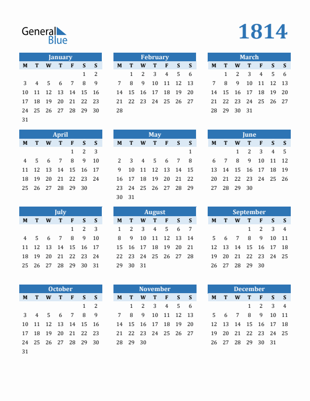 1814 Year Calendar with Monday Start