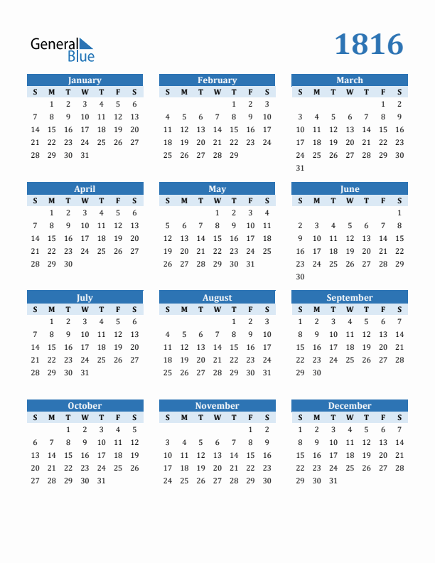 1816 Year Calendar with Sunday Start