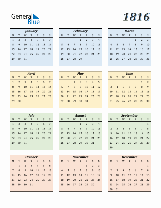 Calendar for 1816 (Monday Start)