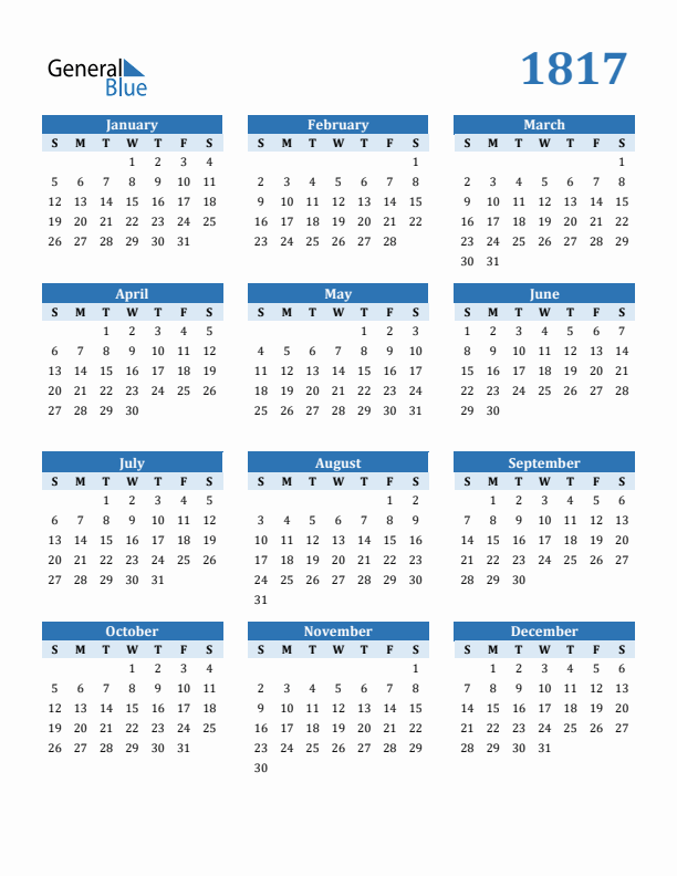 1817 Year Calendar with Sunday Start