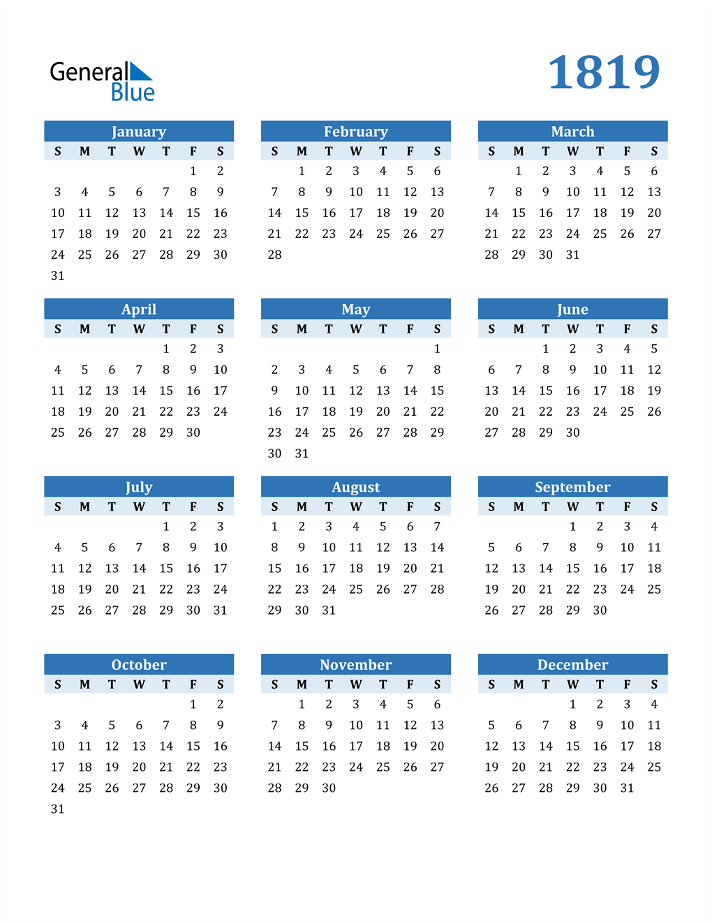 1819 Calendar (PDF, Word, Excel)