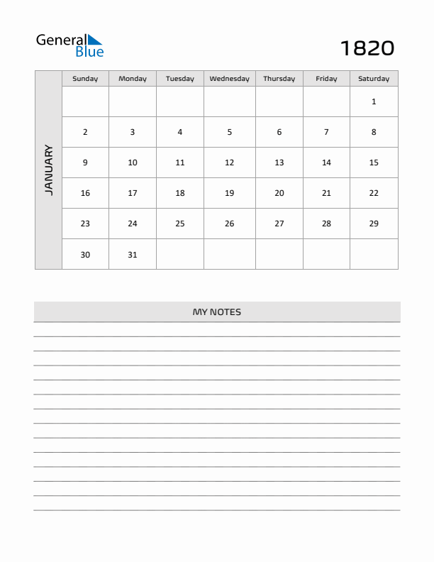 January 1820 Printable Monthly Calendar with Notes
