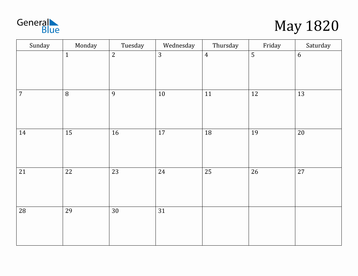 May 1820 Monthly Calendar