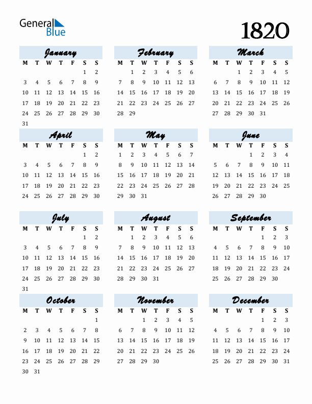 Calendar 1820 Free Download and Print