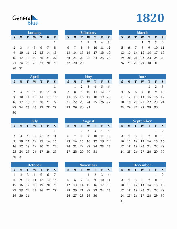 1820 Year Calendar with Sunday Start