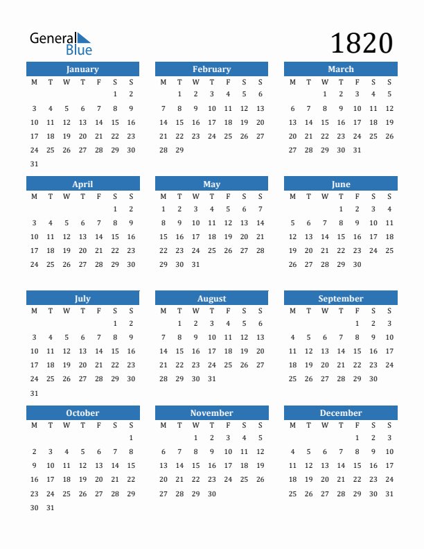 1820 Yearly Calendar Templates with Monday Start