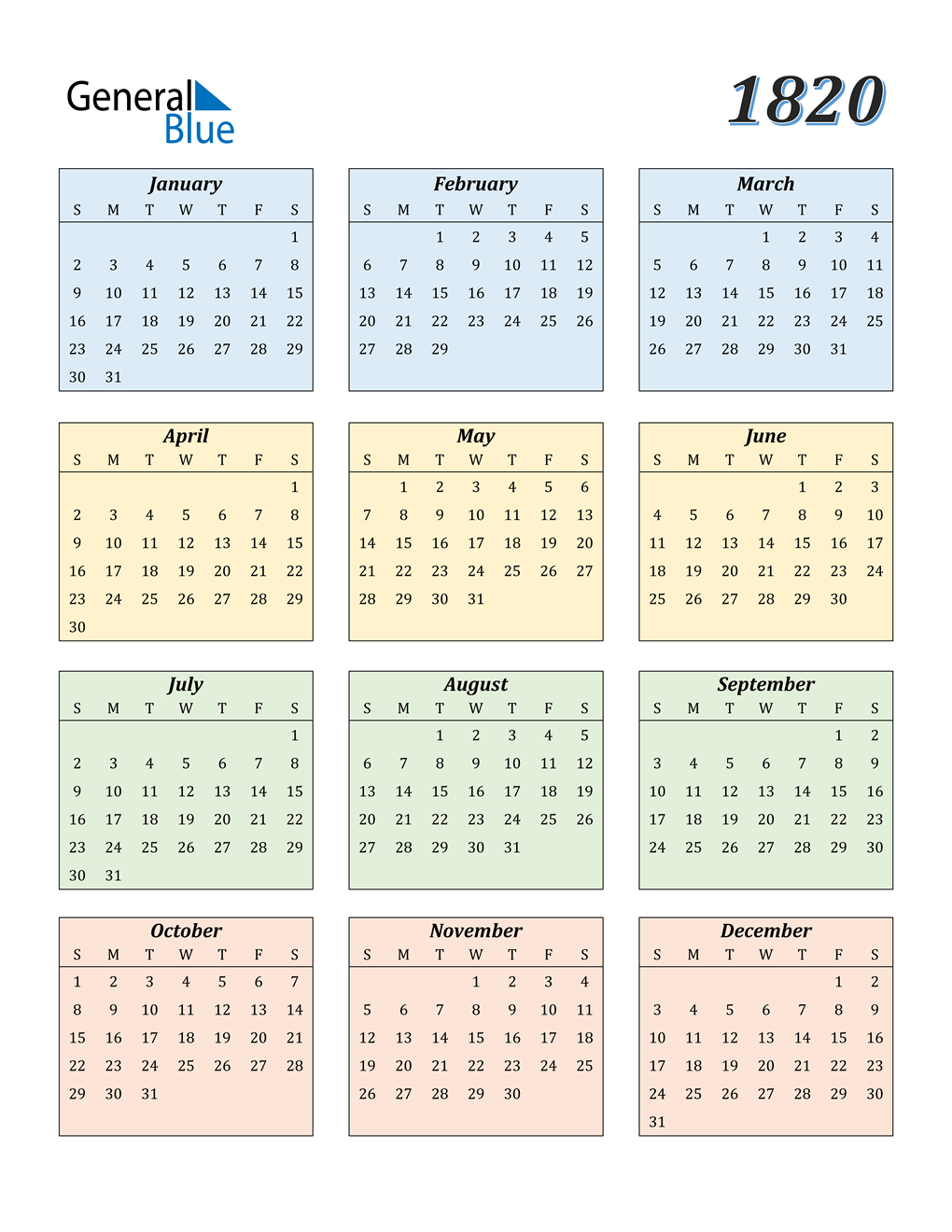 1820 Calendar (PDF, Word, Excel)