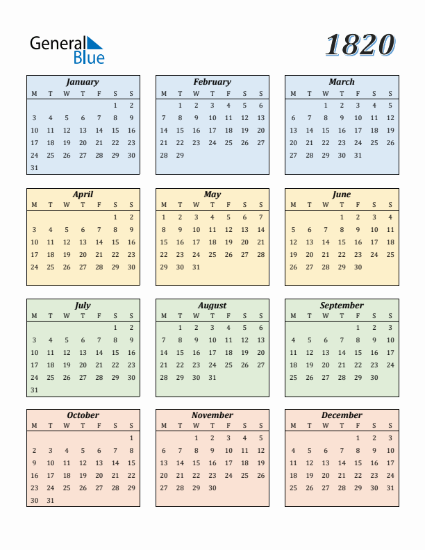 1820 Yearly Calendar Templates with Monday Start
