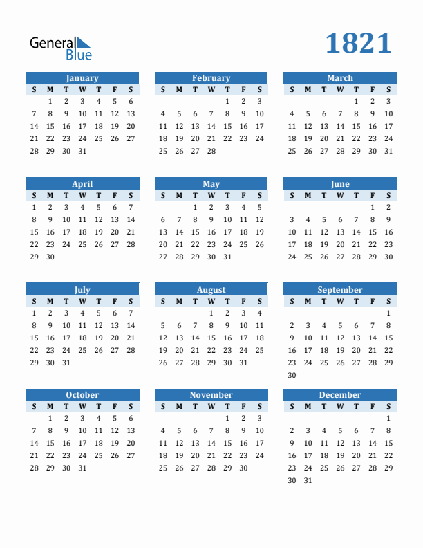 1821 Year Calendar with Sunday Start