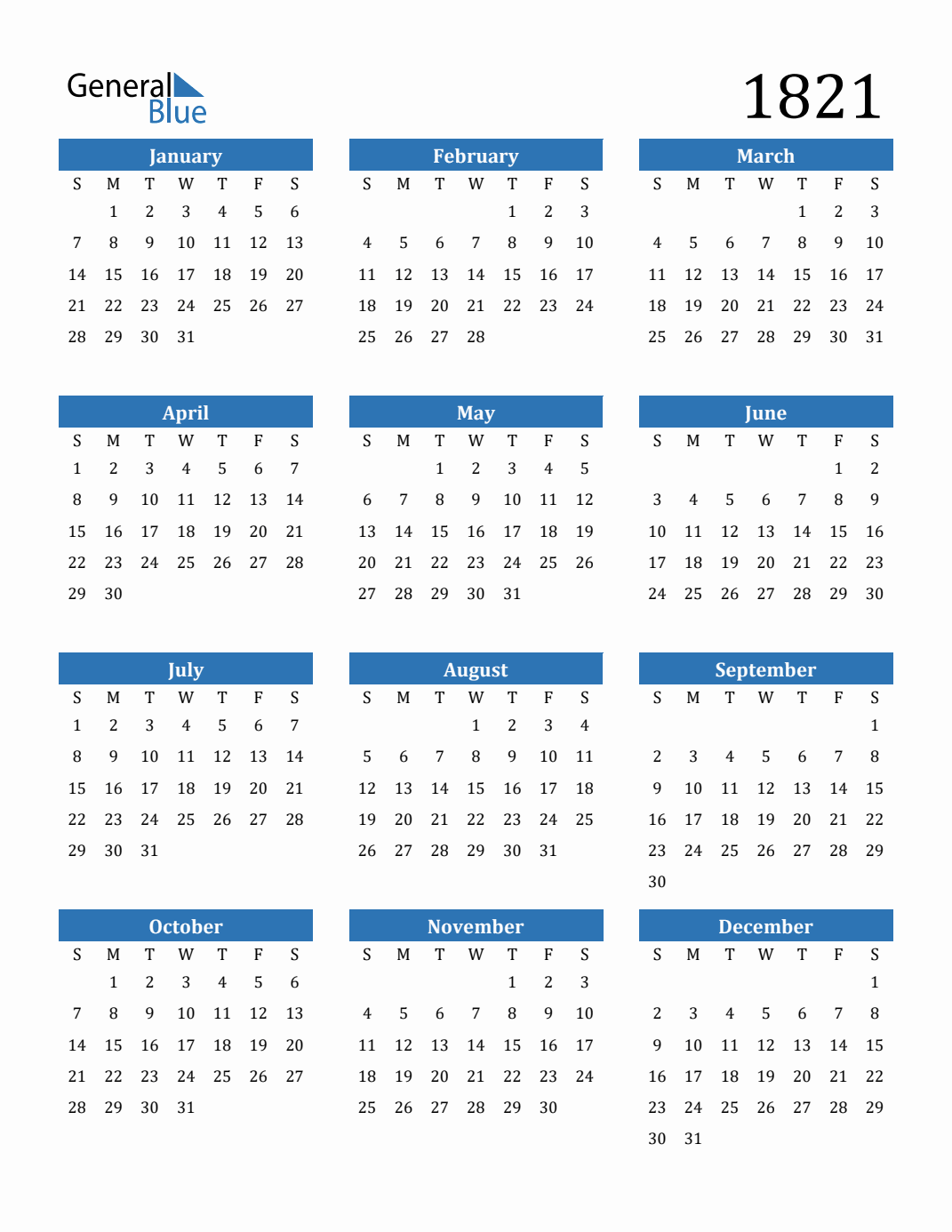 1821 Yearly Calendar Templates with Monday Start