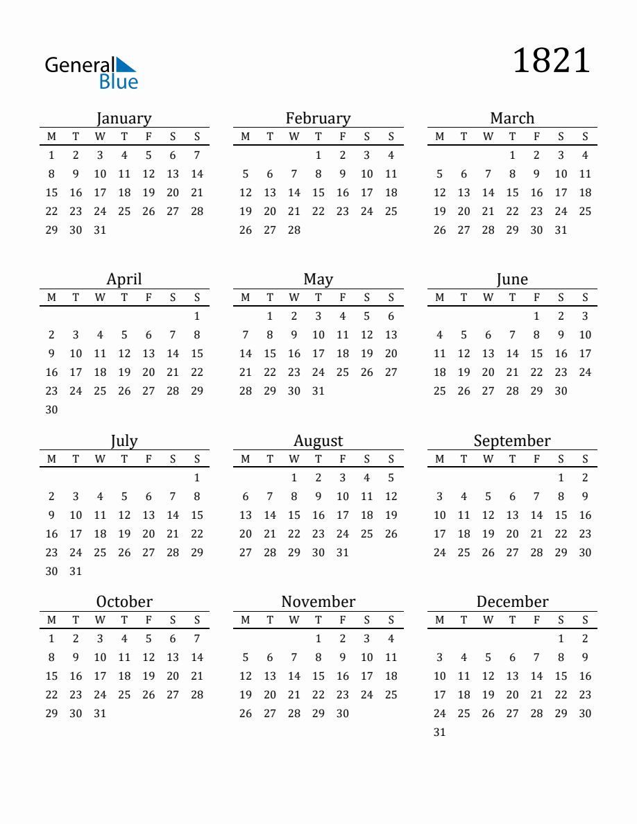 Year 1821 Free Printable 12-Month Calendar