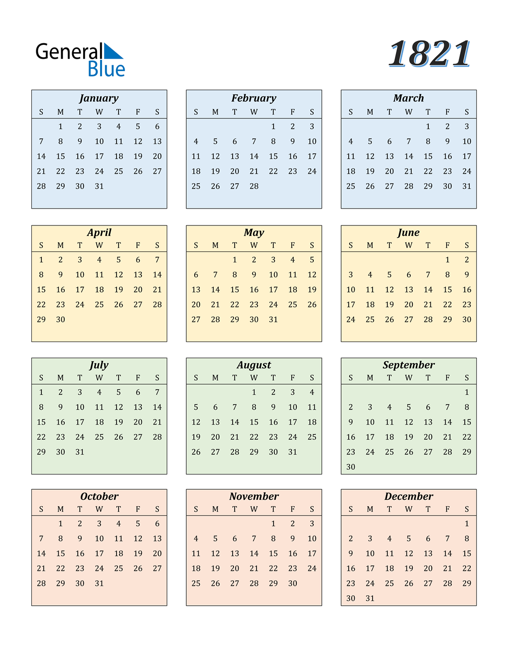 1821 Calendar (PDF, Word, Excel)