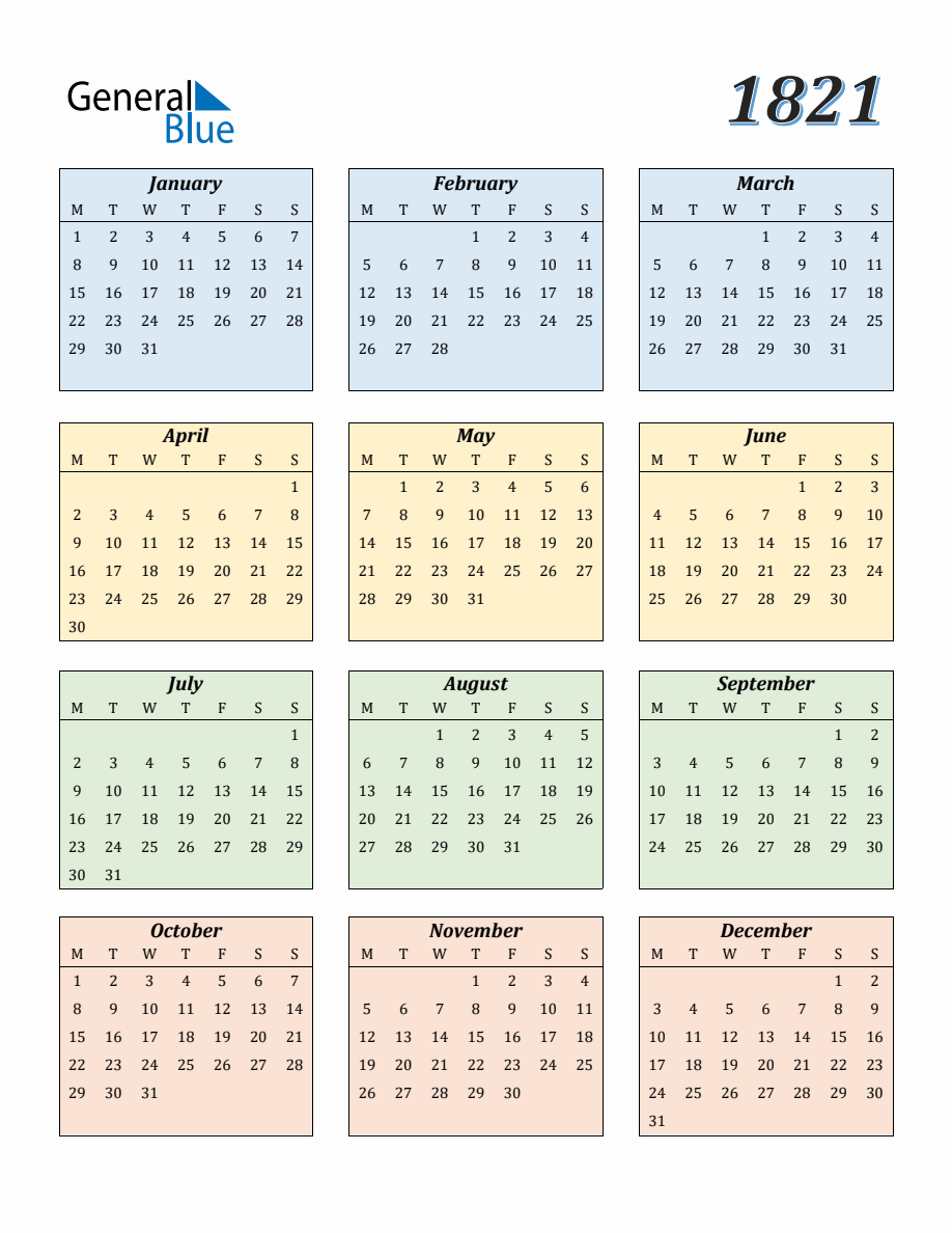 Calendar for Year 1821