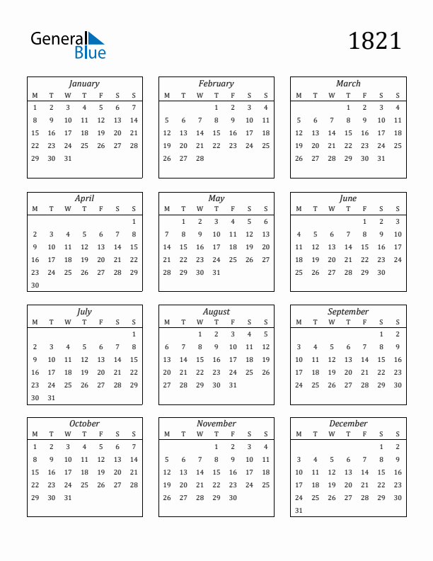 Blank Calendar 1821