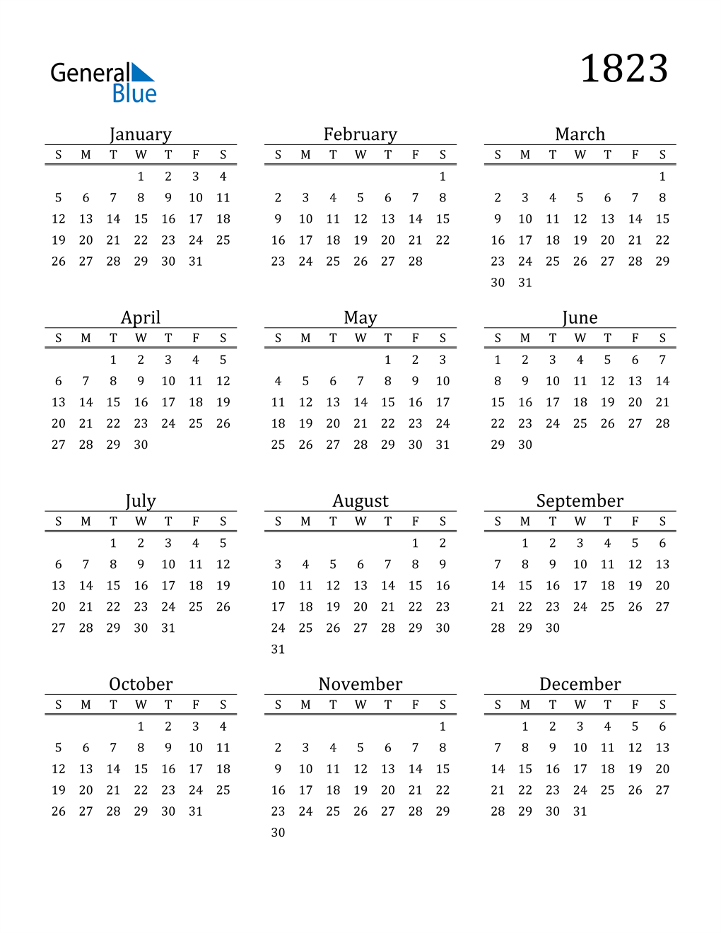 1823 Calendar (PDF, Word, Excel)