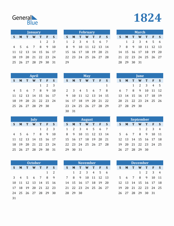1824 Year Calendar with Sunday Start