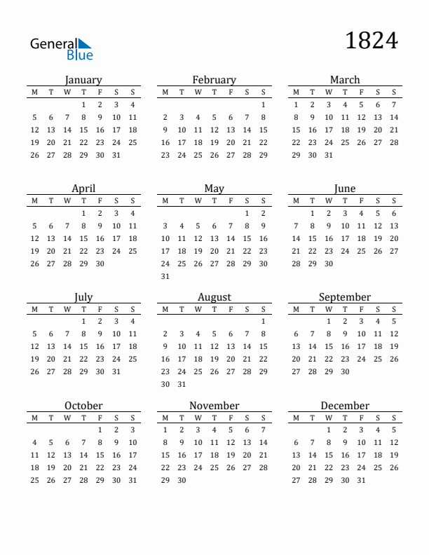 Free Printable Calendar 1824 with Monday Start