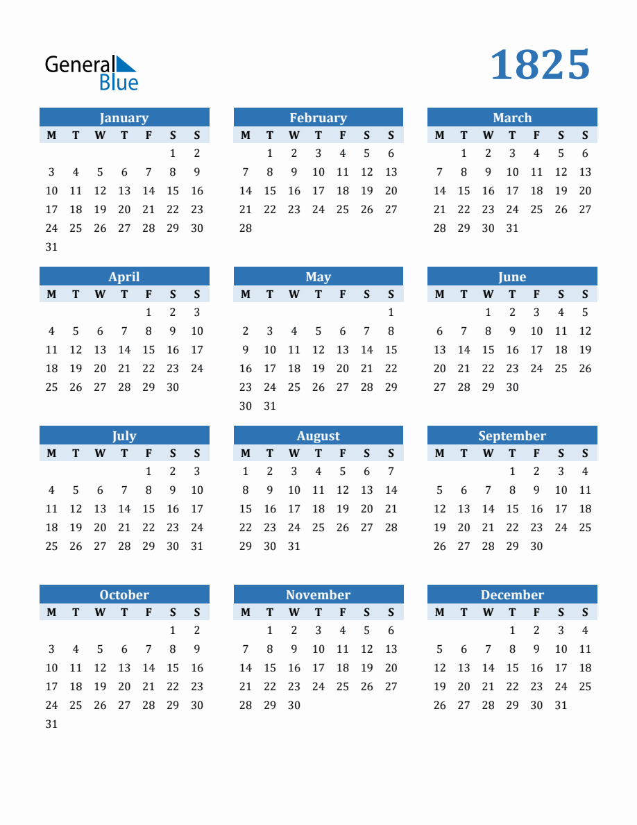 Free 1825 Year Calendar in PDF, Word, and Excel