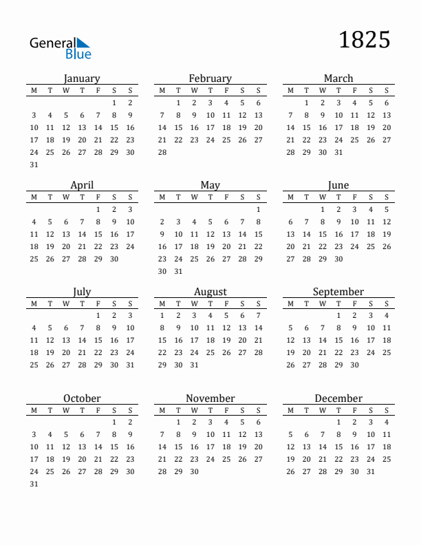 Free Printable Calendar 1825 with Monday Start
