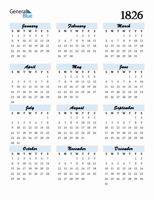 Calendar 1826 Free Download and Print