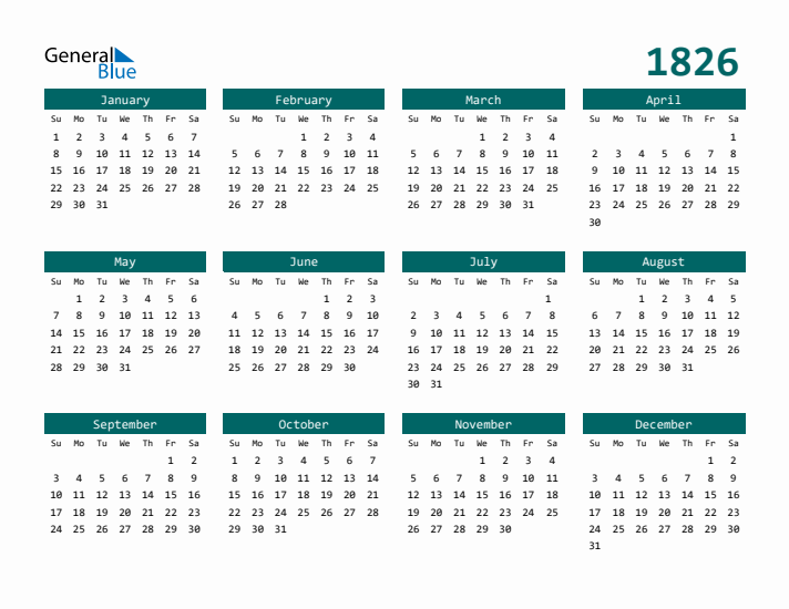 Downloadable 1826 Calendar